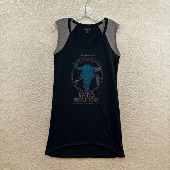 Vans T-Shirt Mini Dress M Medium Black World Tour Graphic Raglan Emo Punk Scene - Picture 1 of 9